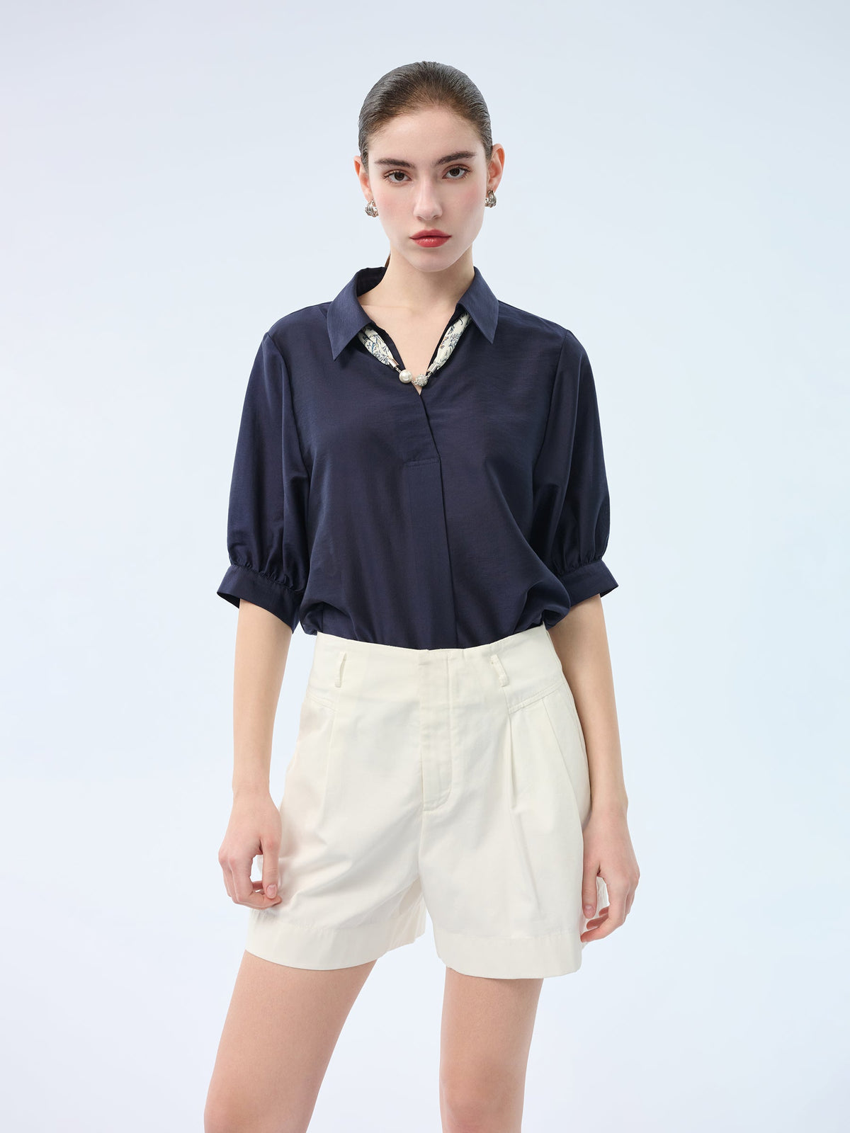 Tencel Blend Loose Fit Women Blouse With Silk Scarf
