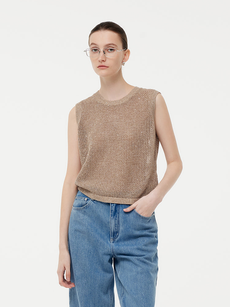 Pre-Order Linen Sequin-Embellished Women Open-Knit Tank Top