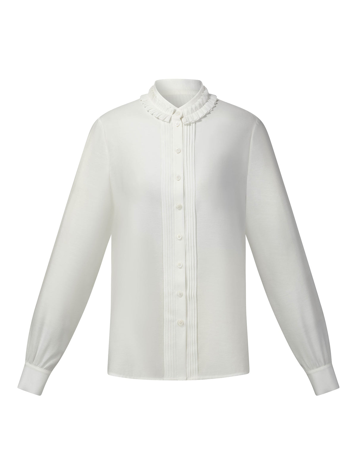 Acetate Blend Pleated Ruffle Collar Women Shirt
