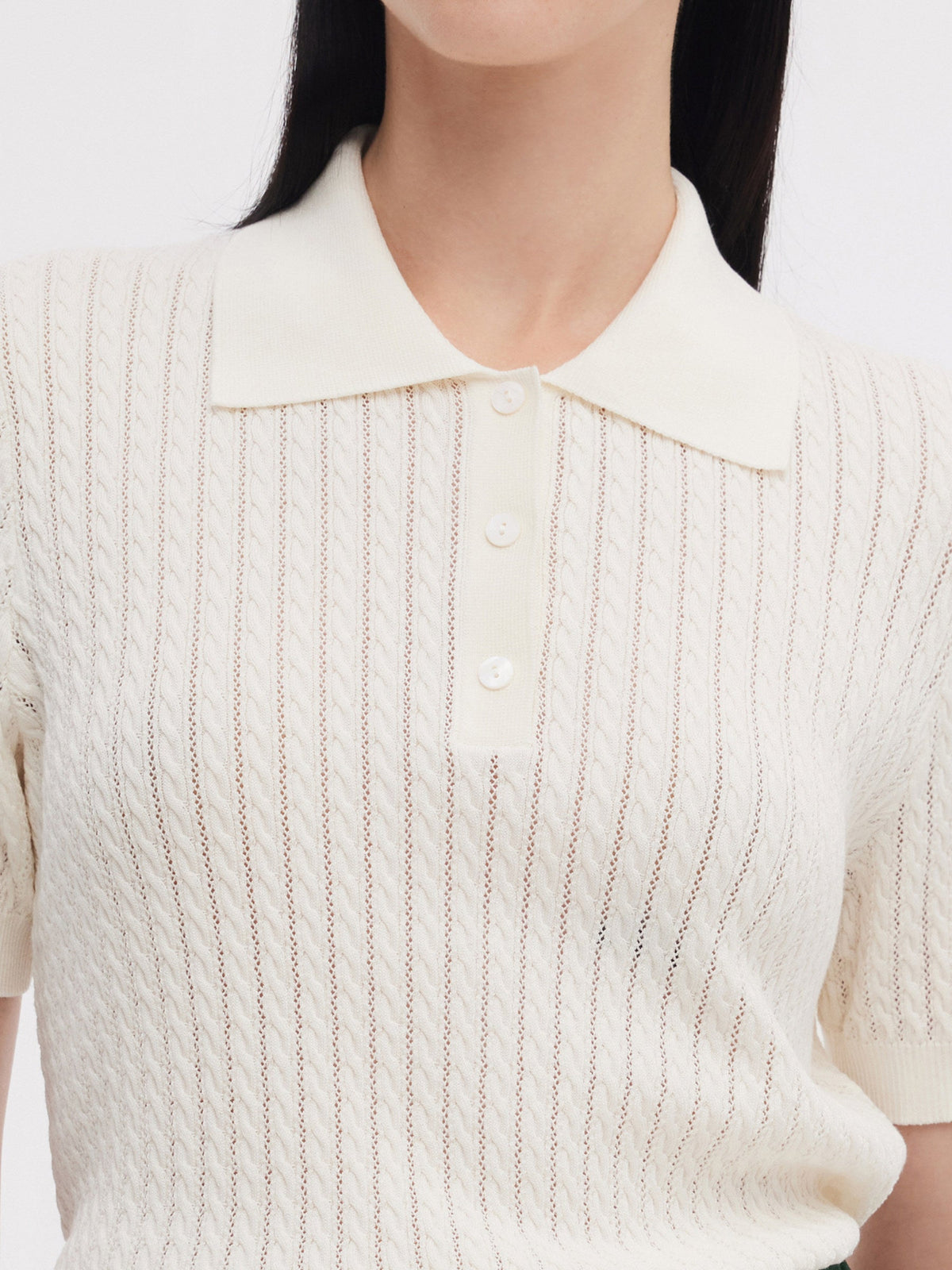 Tencel Blend Openwork Women Knit Polo Top