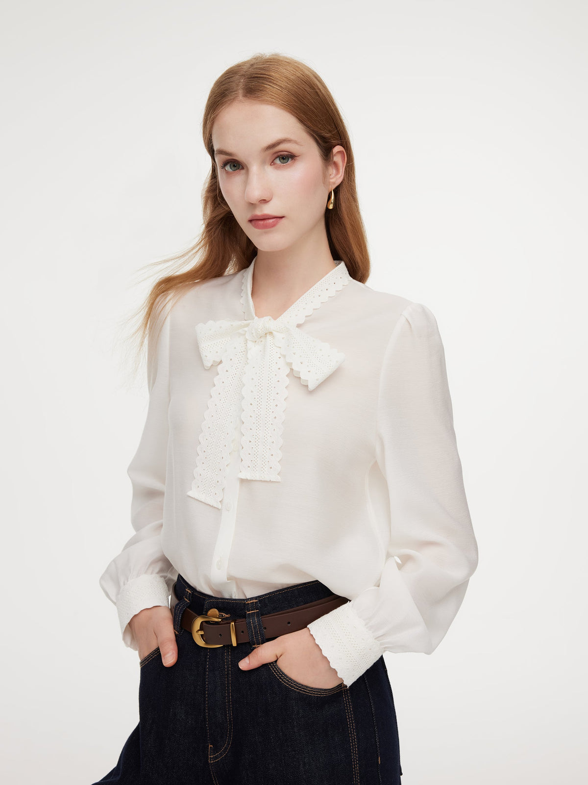 Acetate Blend Lace Bow Tie Women Shirt