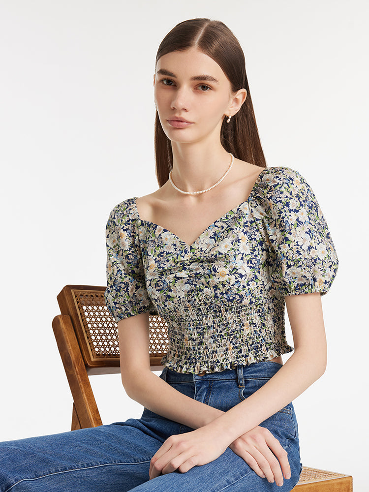 Floral Print Square Neck Puff Sleeves Women Blouse