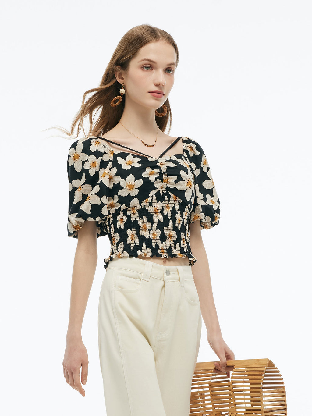 Cotton Stretch Floral Print Women Smocked Top