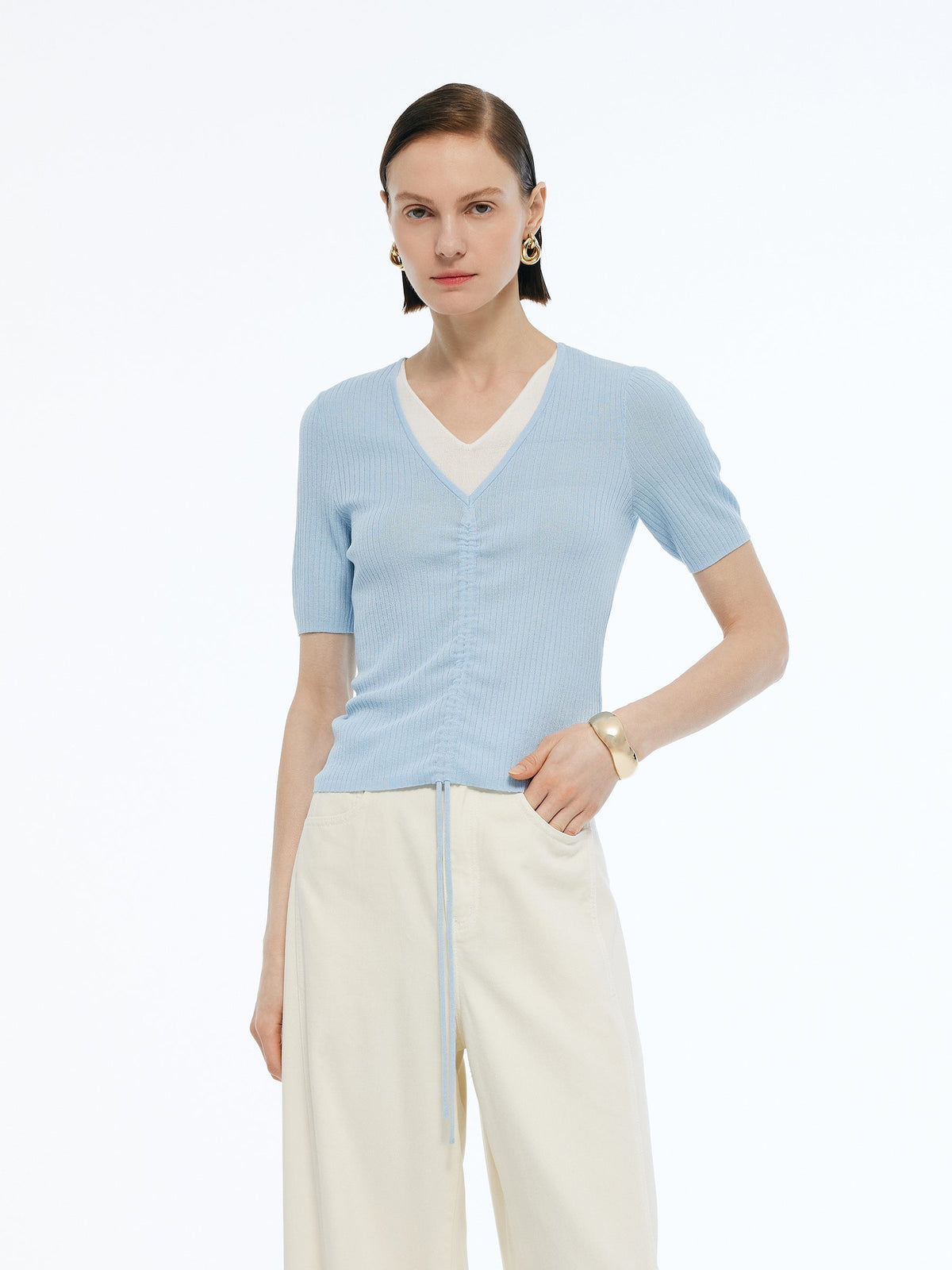 Lyocell Blend Drawstring Women Patchwork Knit Top