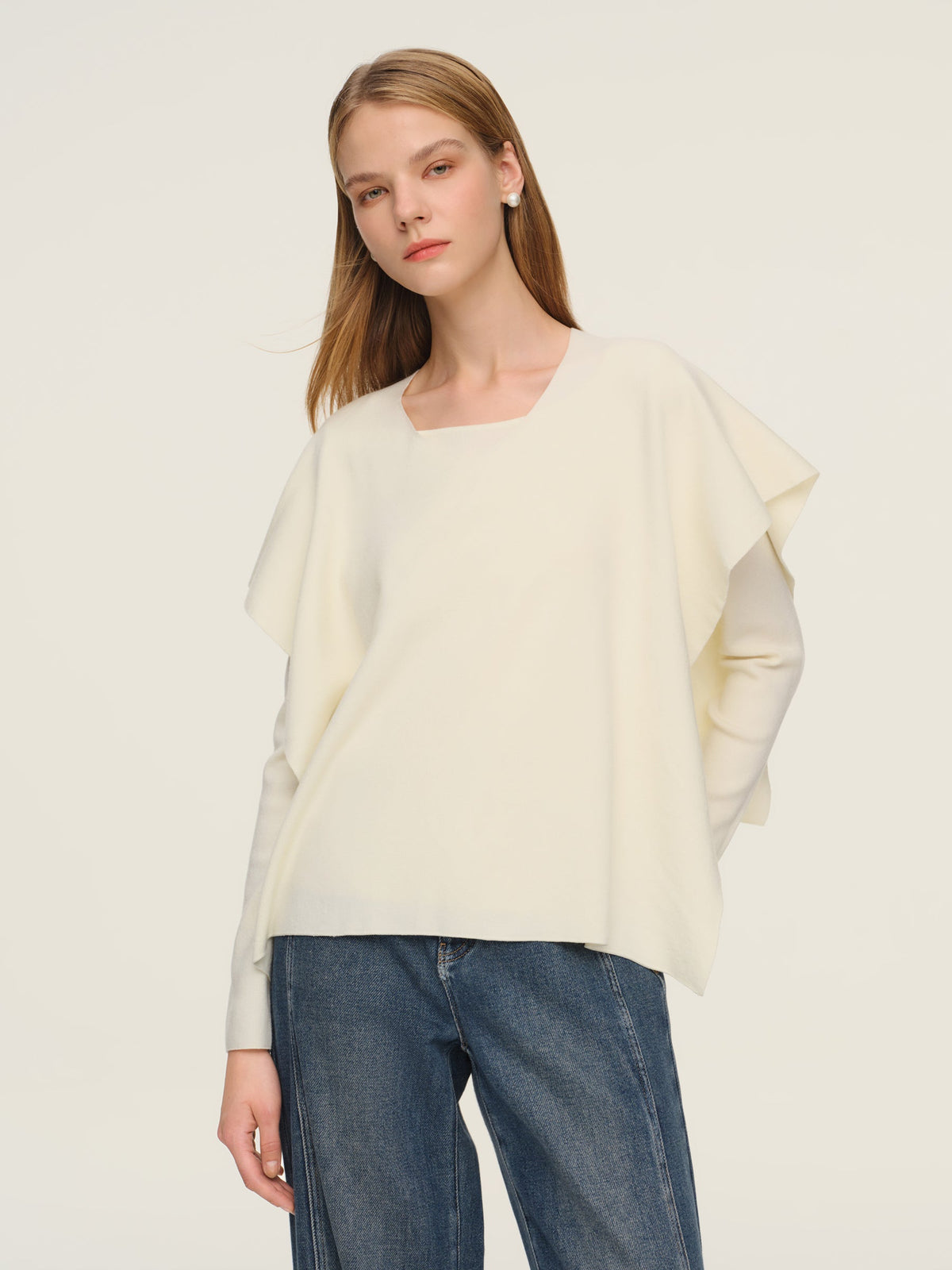 Tencel Wool Blend Women Knit Top With Pullover Cape