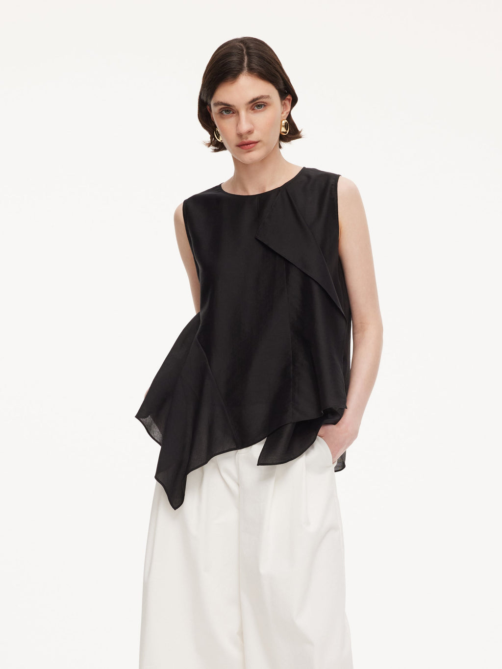 Lyocell Blend Black Ruffle-Detailing Women Tank Top