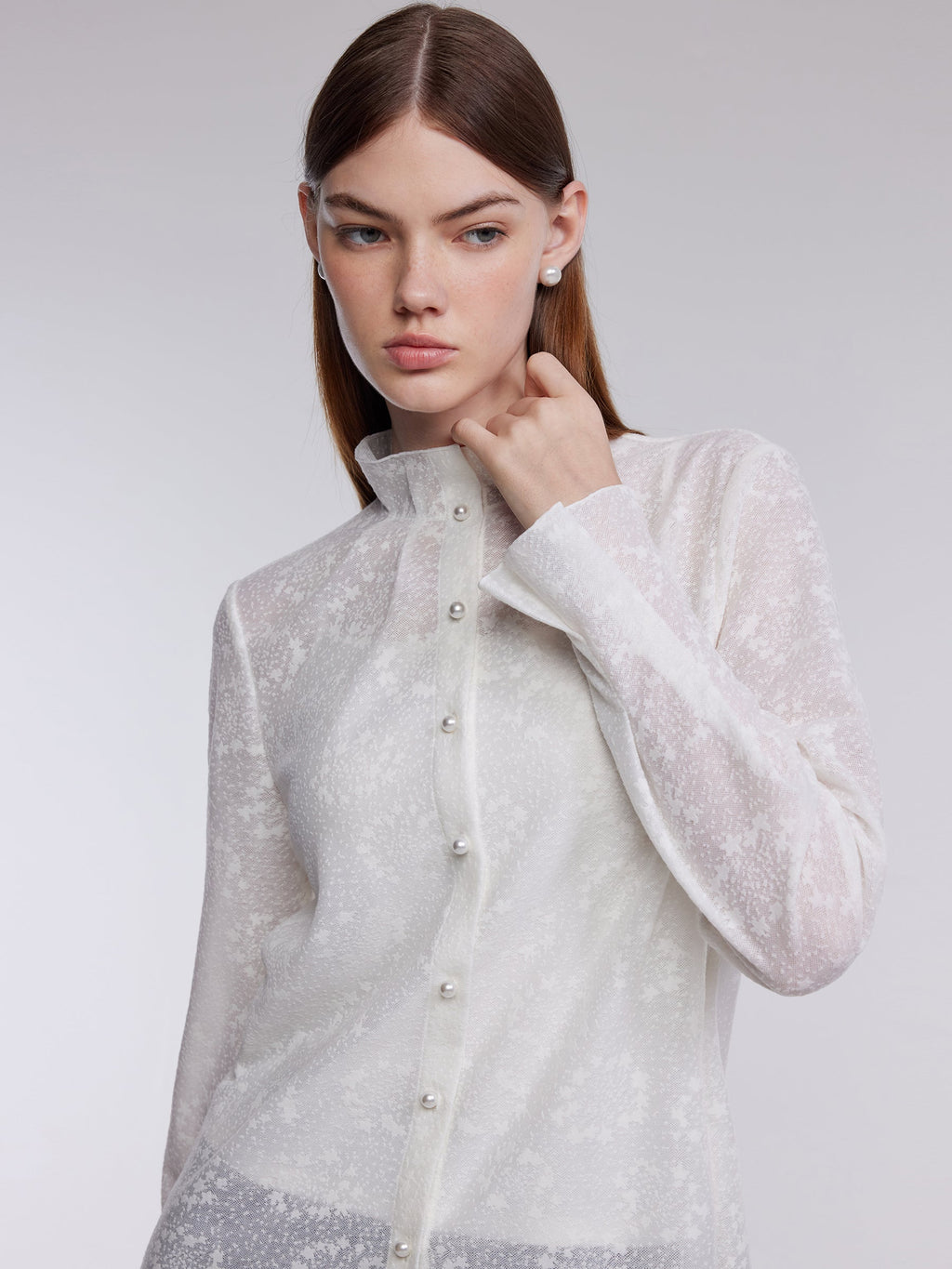 Jacquard Ruffle Collar Women Knit Shirt With Camisole