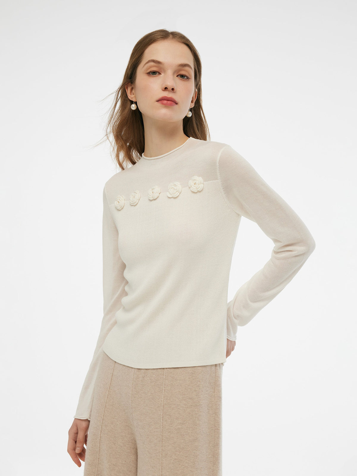 Tencel Wool Blend Women Flower Knit Top