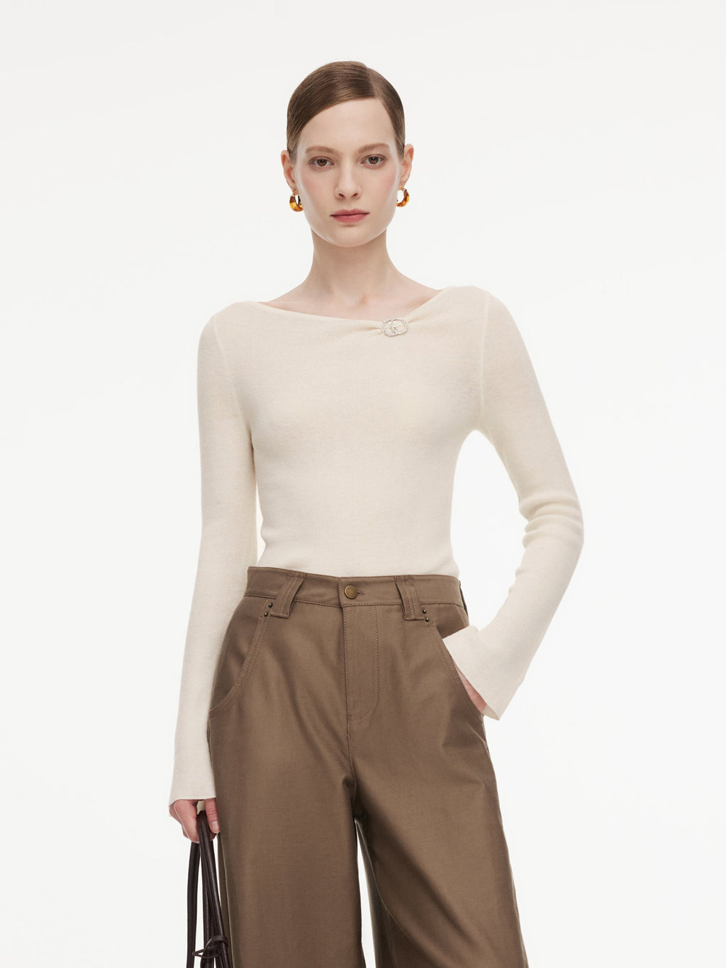 Wool Blend Boat Neck Women Knit Top With GO Letter Clip