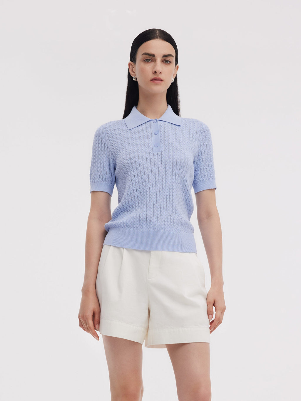Tencel Blend Openwork Women Knit Polo Top