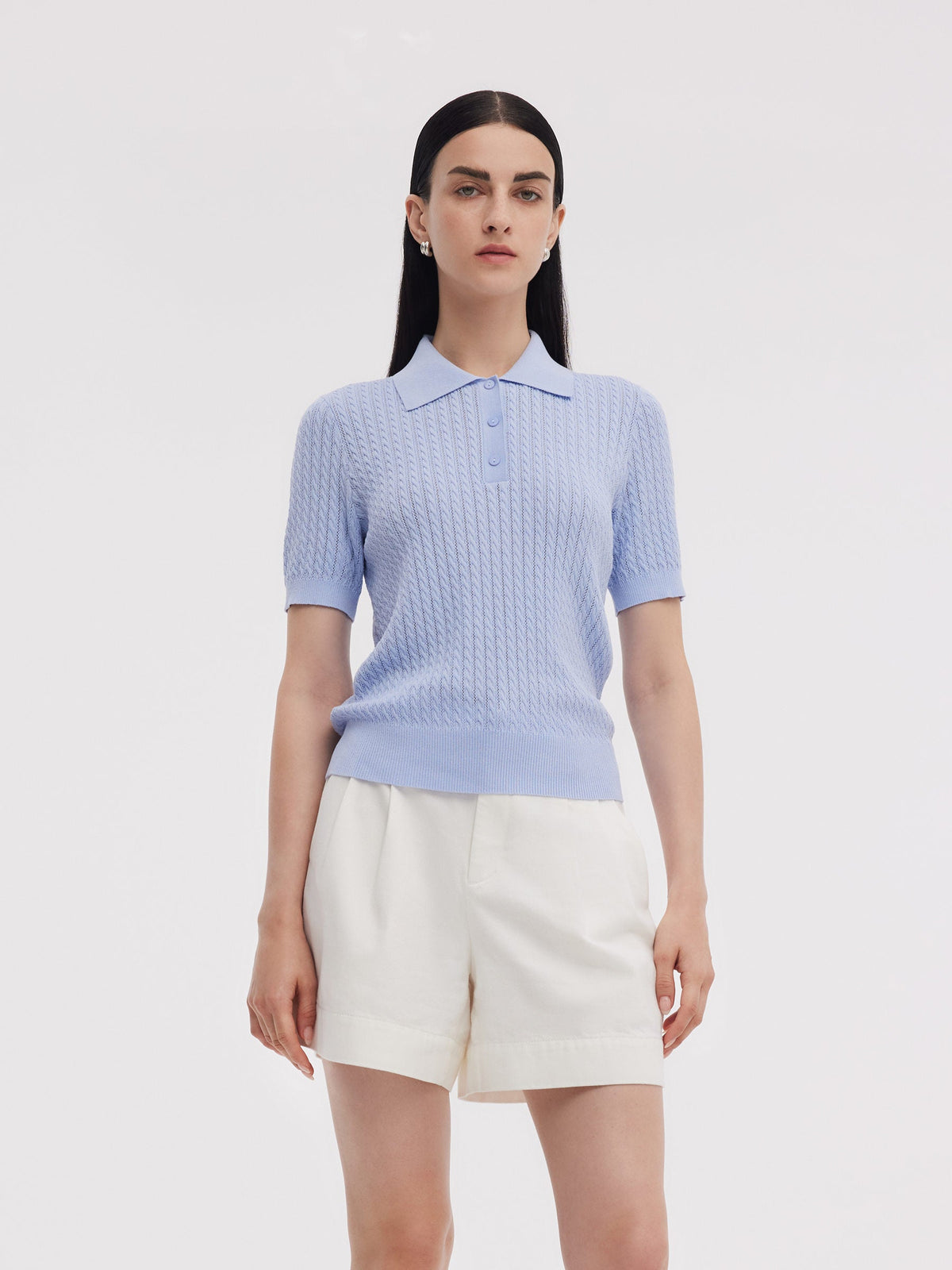 Tencel Blend Openwork Women Knit Polo Top