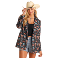 Rock & Roll Women's Long Sleeve Conversational Western Print Blazer- Black
