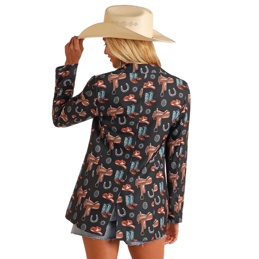 Rock & Roll Women's Long Sleeve Conversational Western Print Blazer- Black