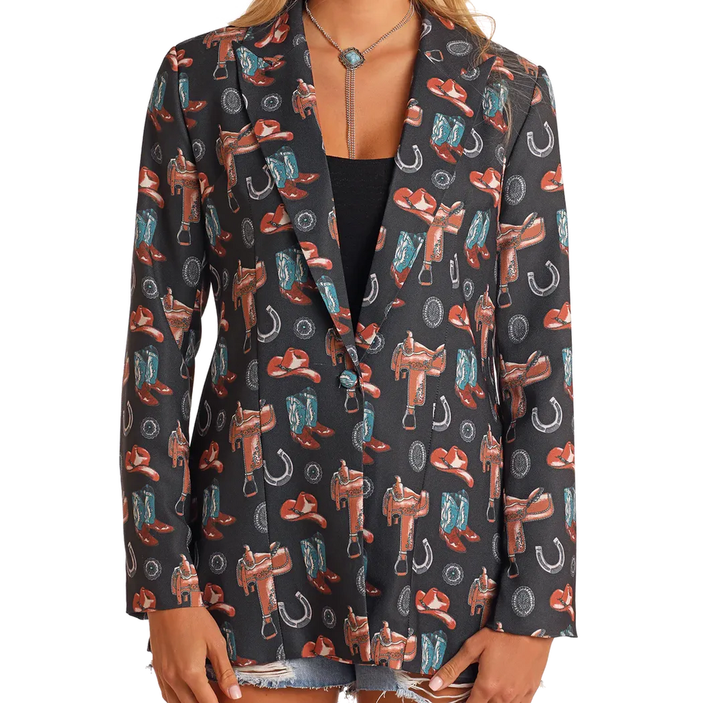 Rock & Roll Women's Long Sleeve Conversational Western Print Blazer- Black