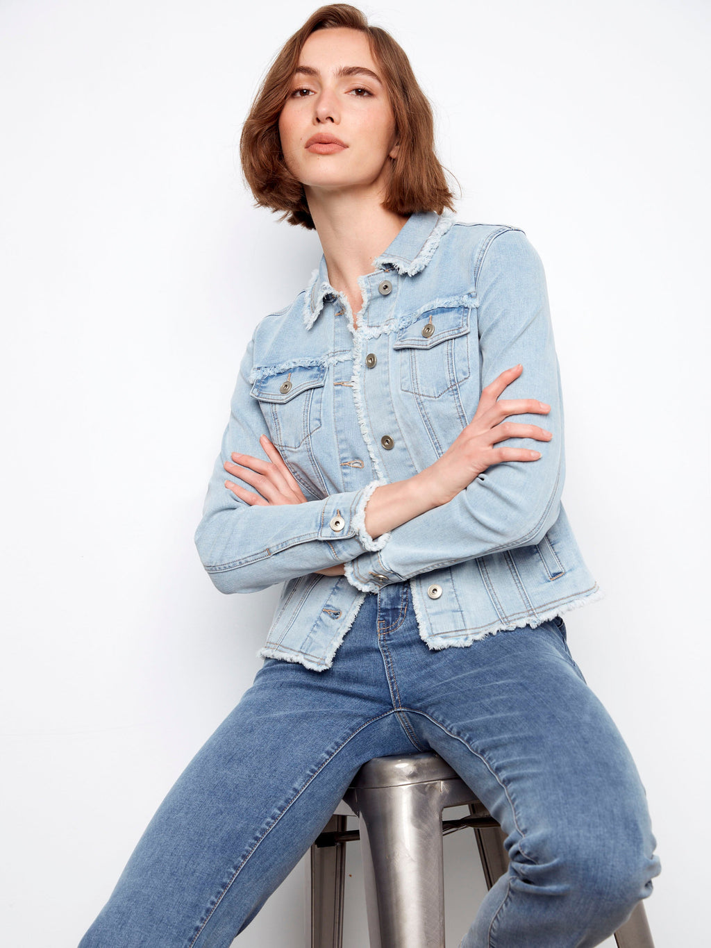 Frayed Edge Stretch Denim Jacket - Bleach Blue