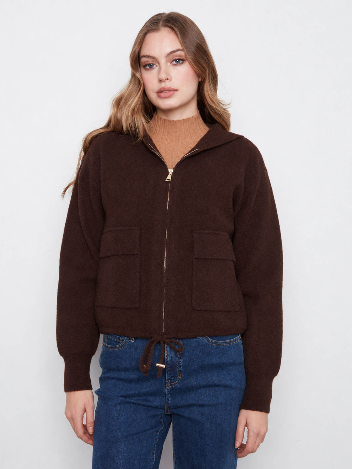Zip-Front Knit Hooded Jacket - Coffee