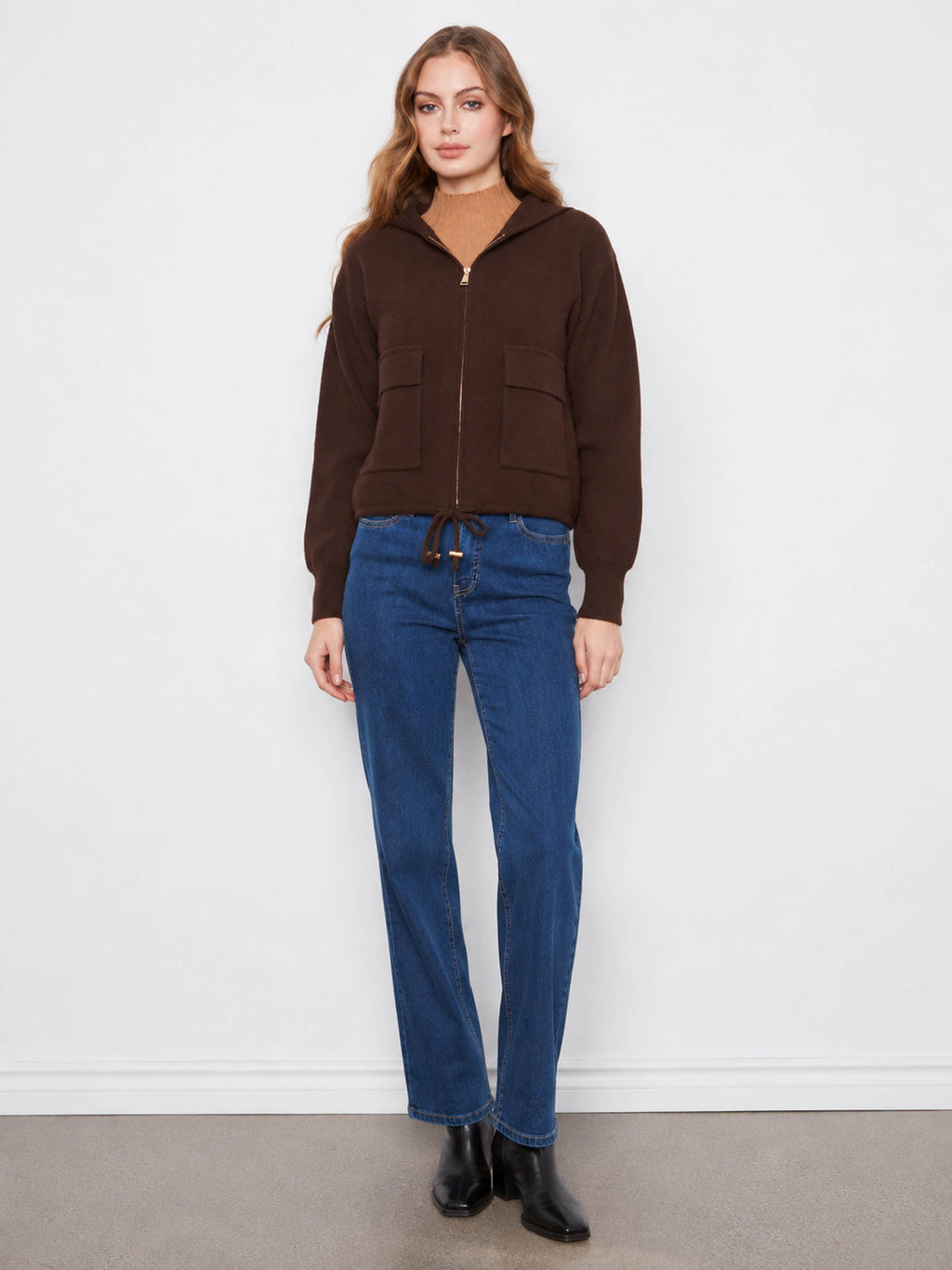 Zip-Front Knit Hooded Jacket - Coffee