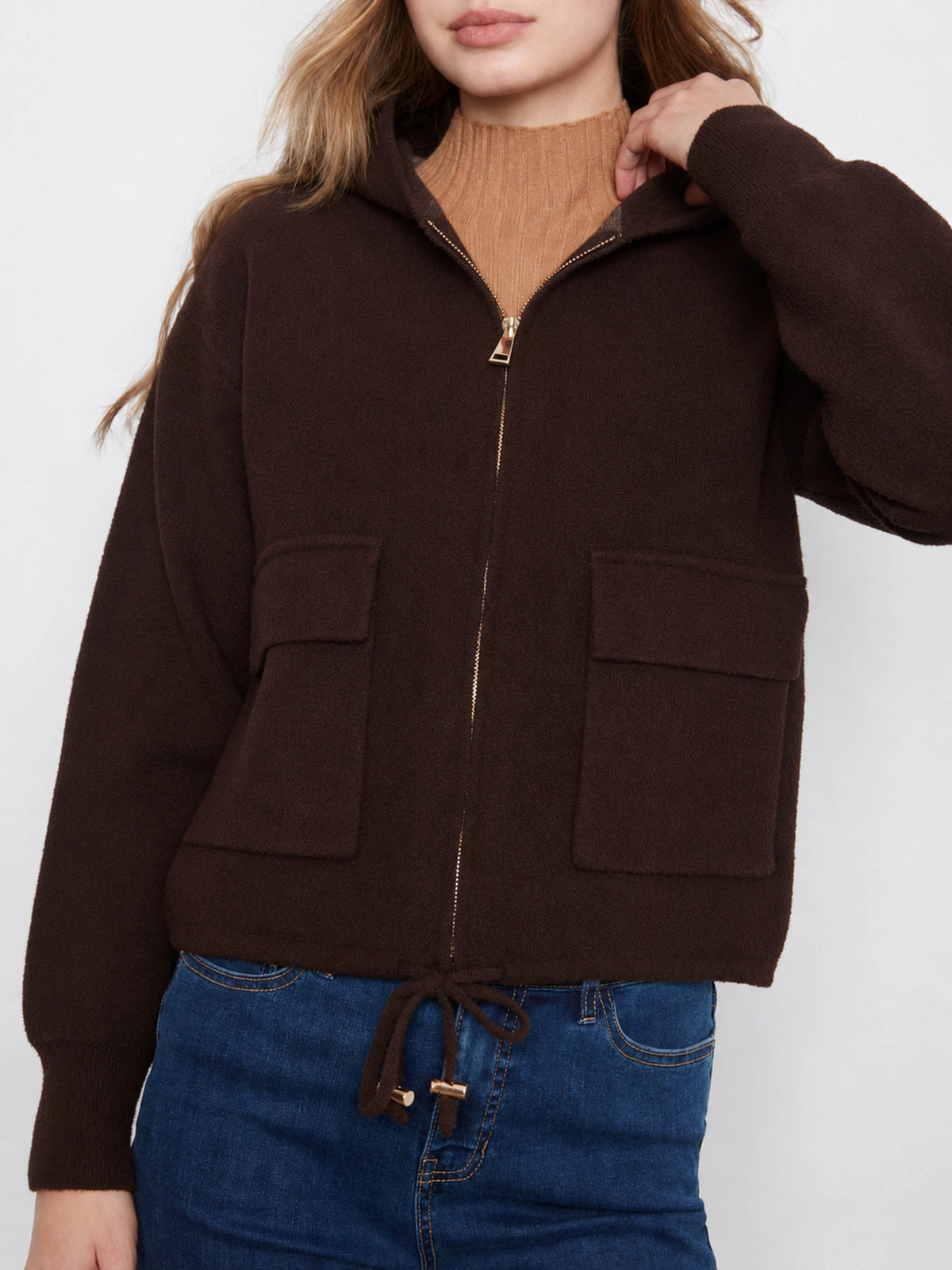 Zip-Front Knit Hooded Jacket - Coffee