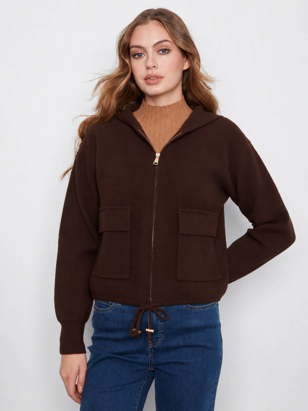 Zip-Front Knit Hooded Jacket - Coffee