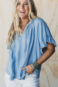 Hearts Aligned Ruffled Sleeve Top - Light Denim