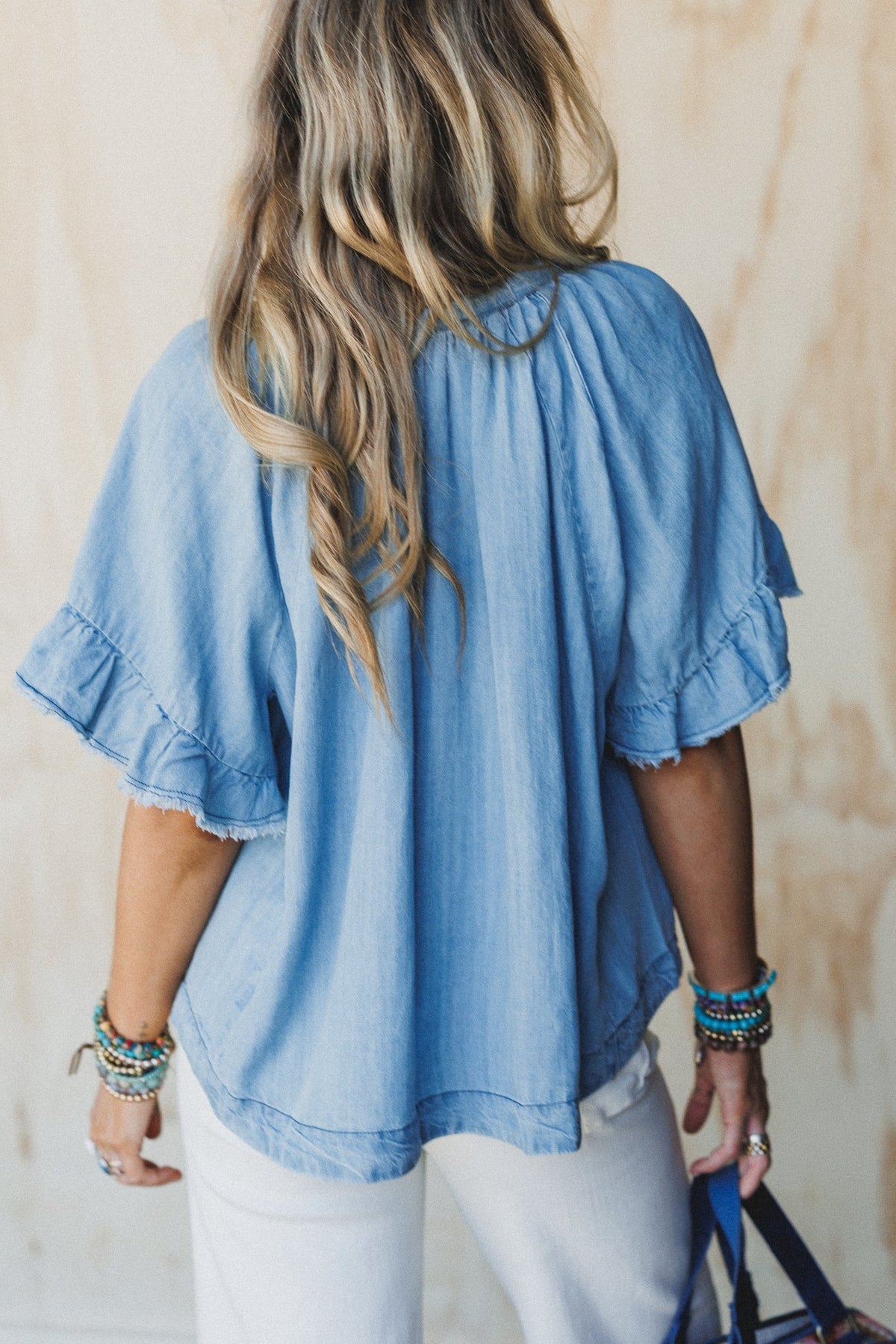 Hearts Aligned Ruffled Sleeve Top - Light Denim