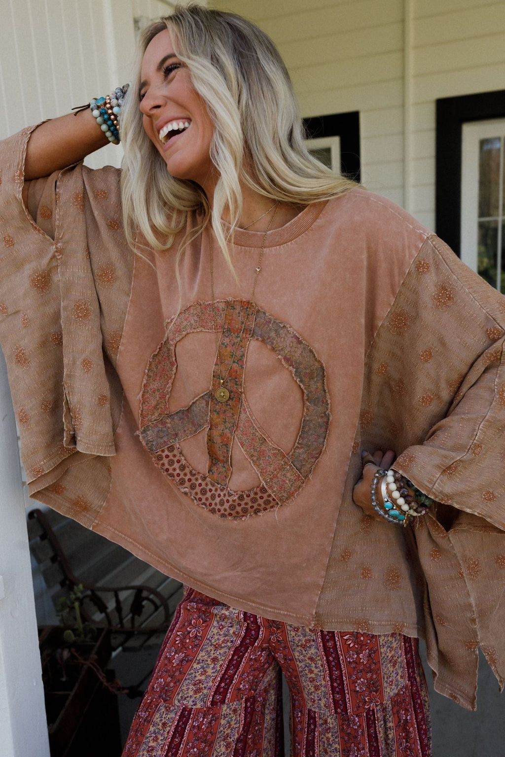Peace Path Embroidered Top - Mocha