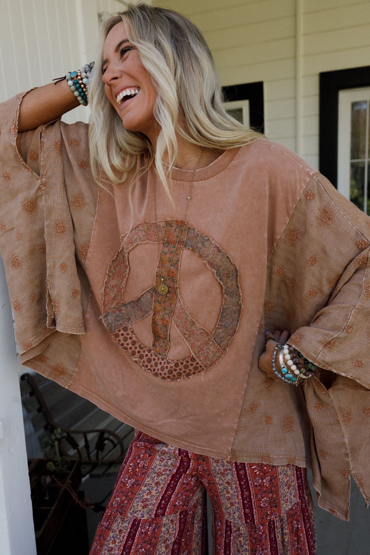 Peace Path Embroidered Top - Mocha