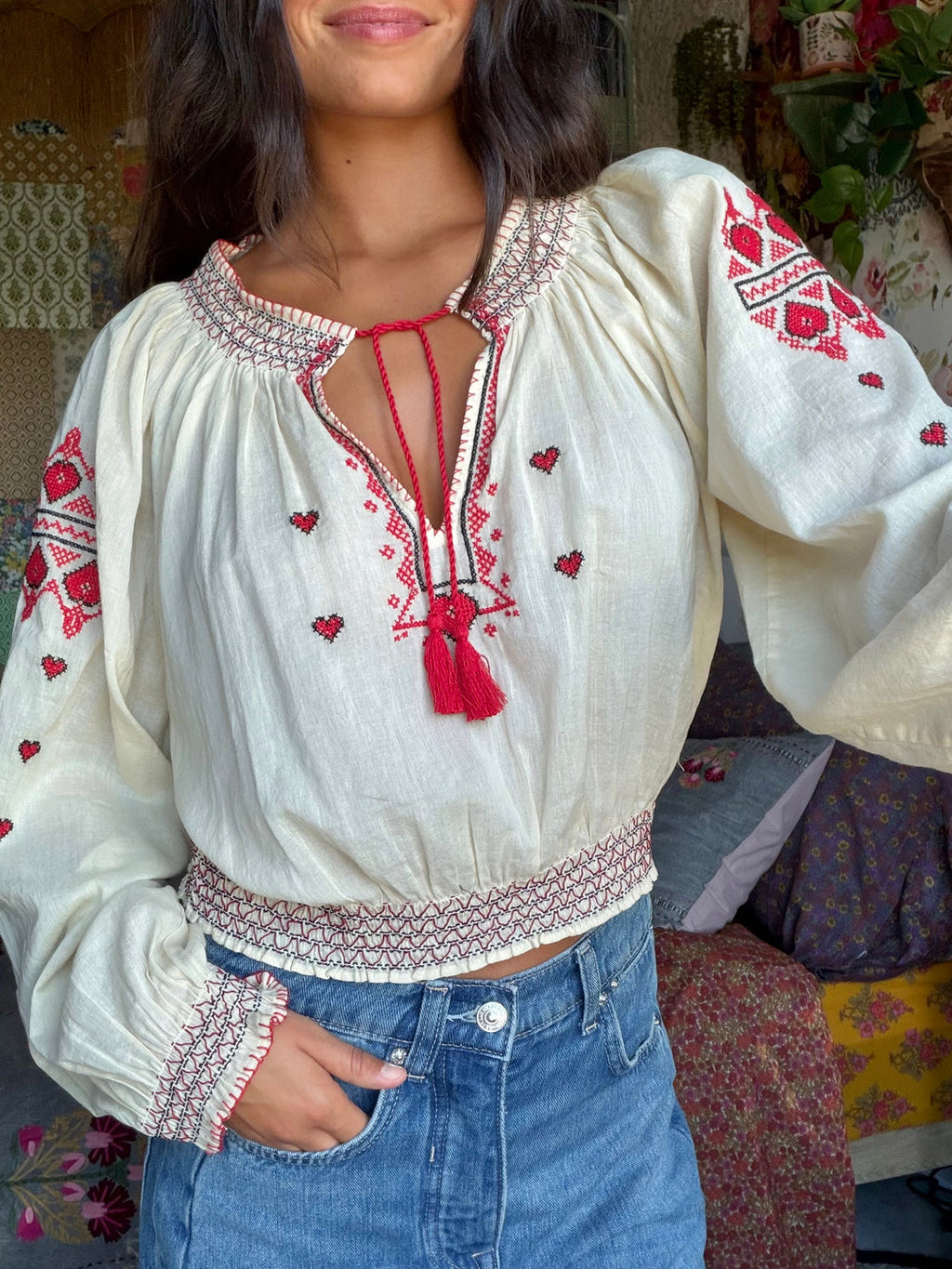Embroidered Cotton Long Sleeve Peasant Top - Ivory