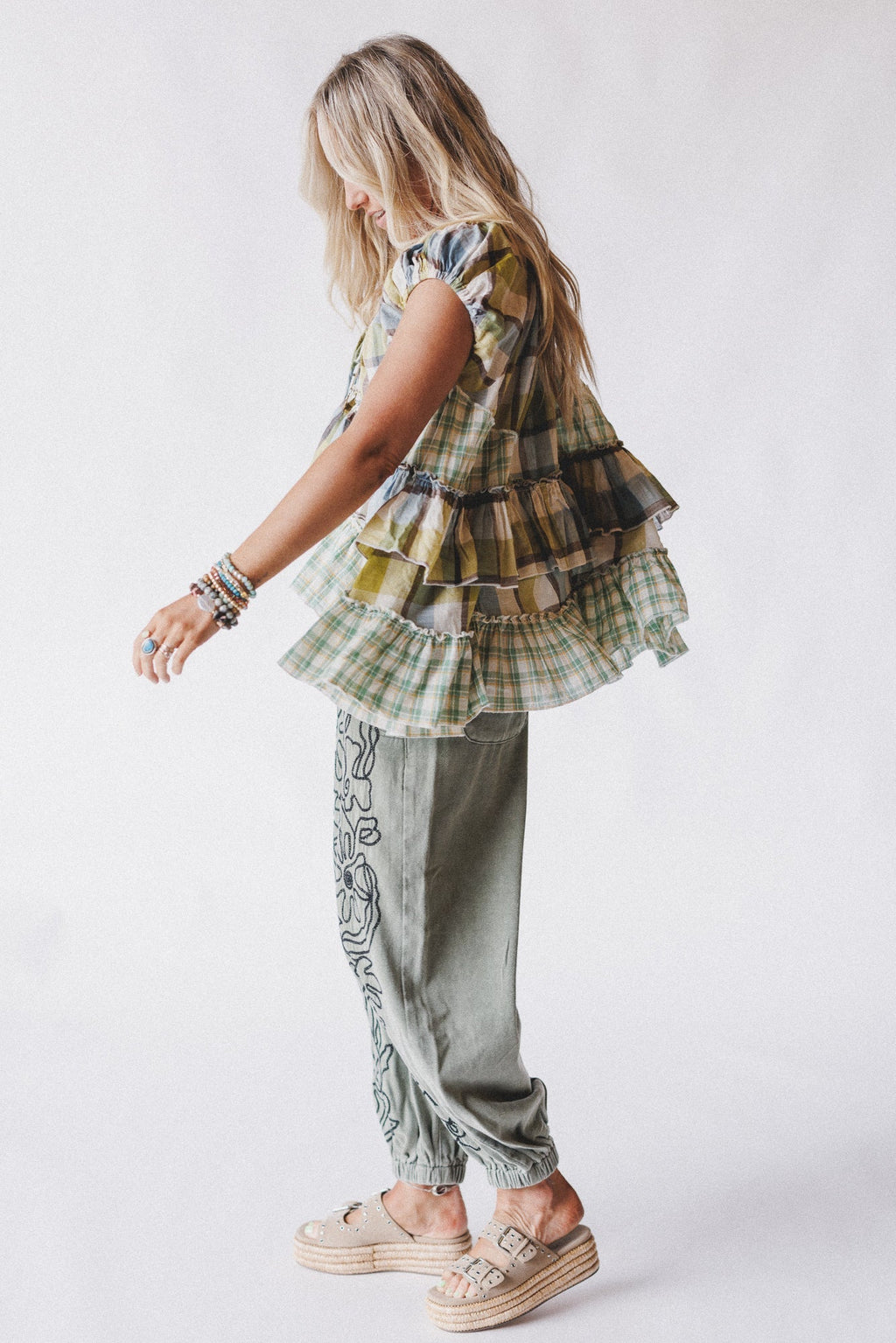 Clover Stitch Plaid Top - Green