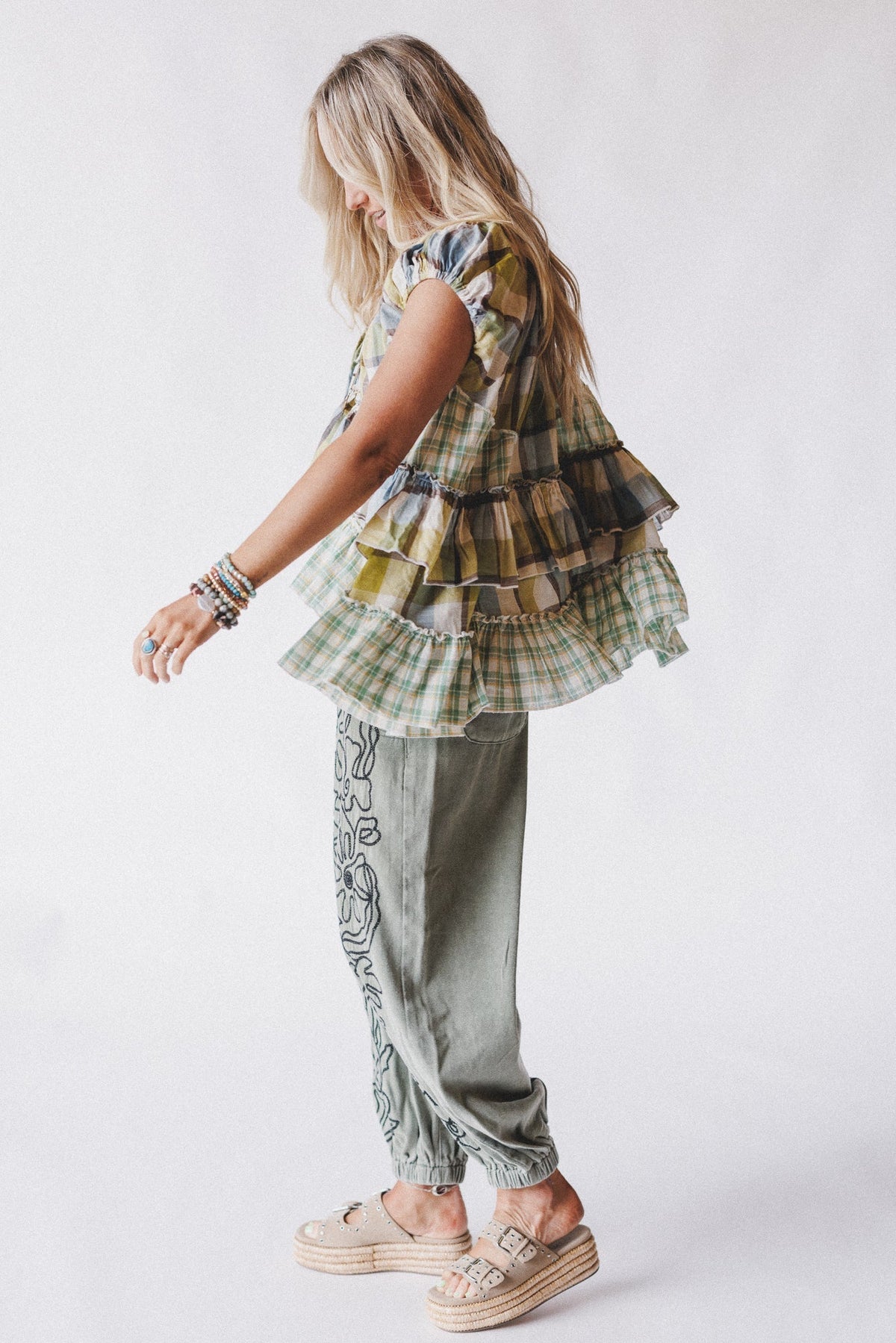 Clover Stitch Plaid Top - Green