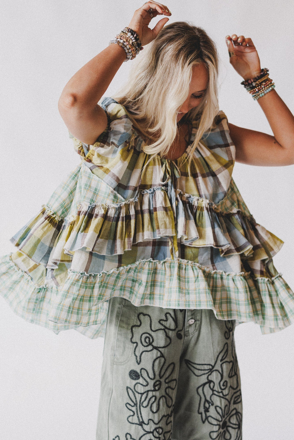 Clover Stitch Plaid Top - Green
