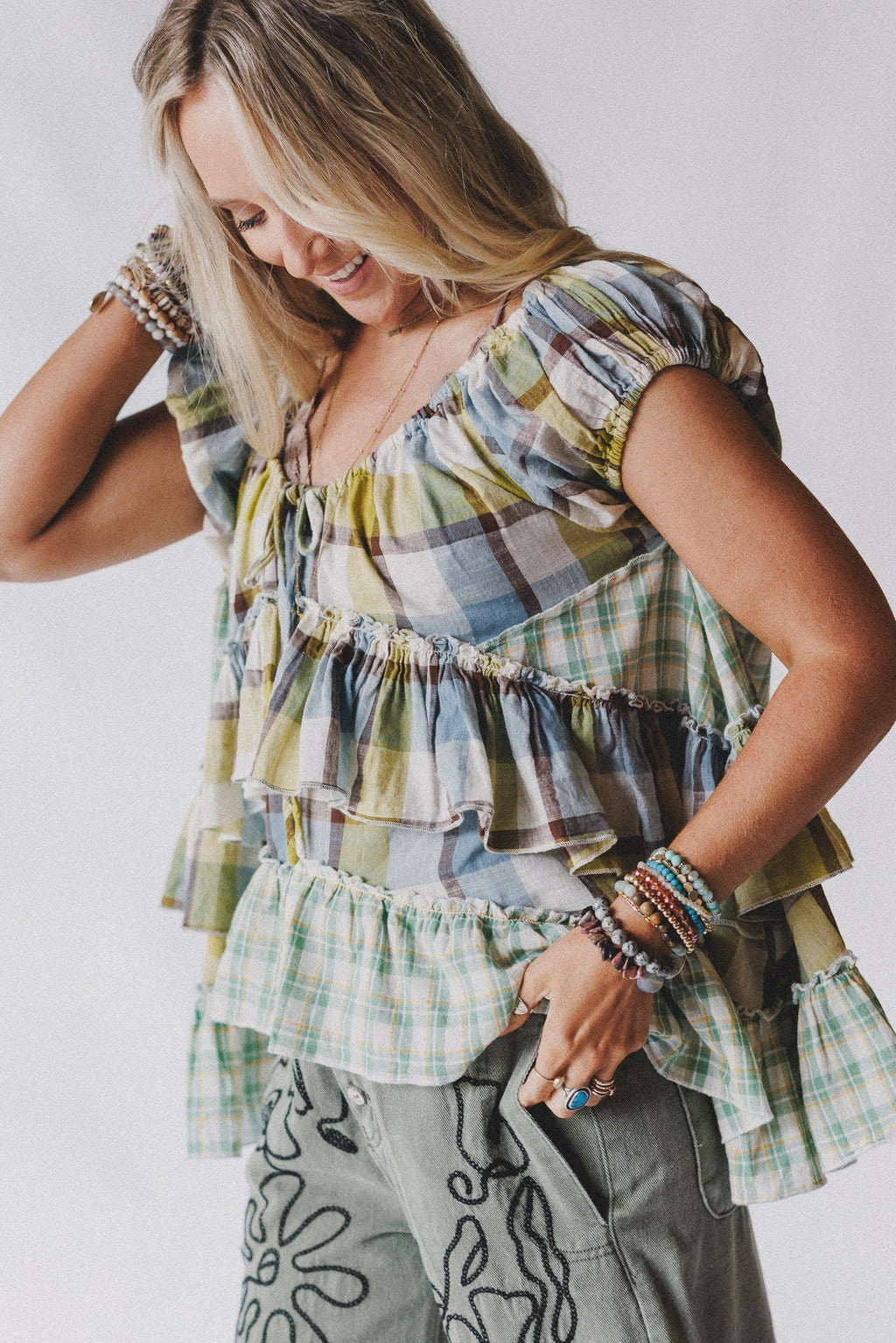 Clover Stitch Plaid Top - Green