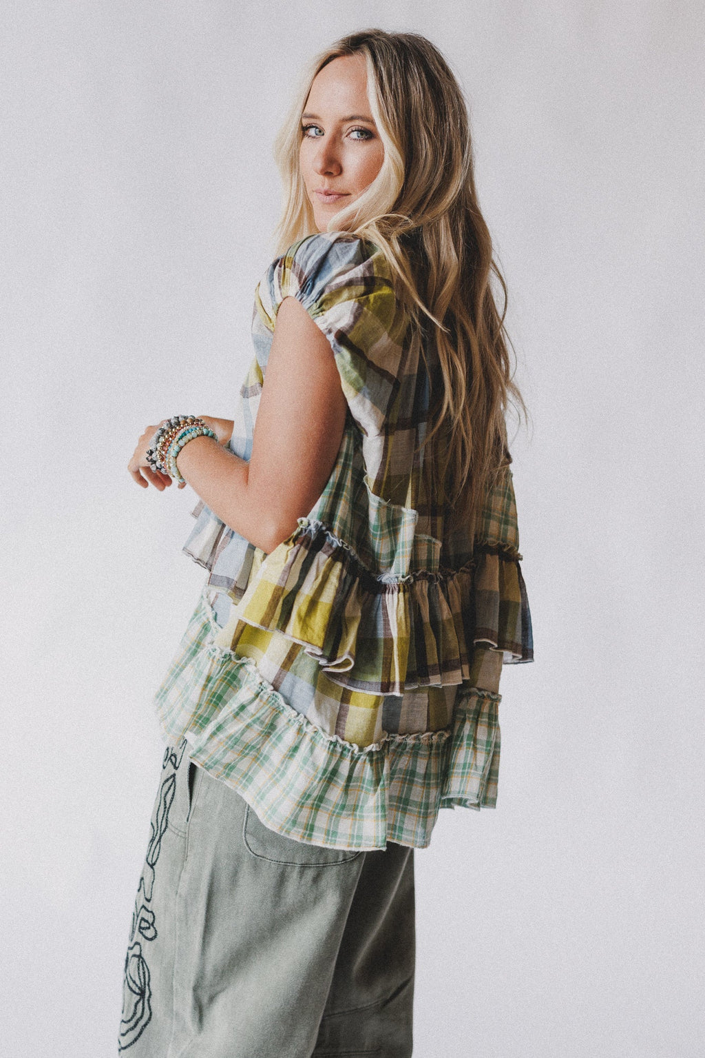 Clover Stitch Plaid Top - Green