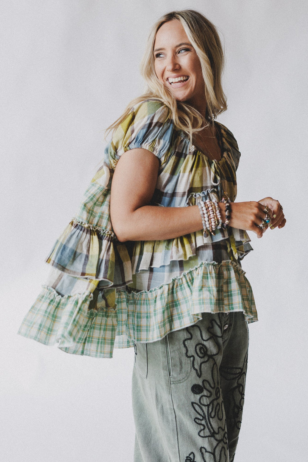 Clover Stitch Plaid Top - Green