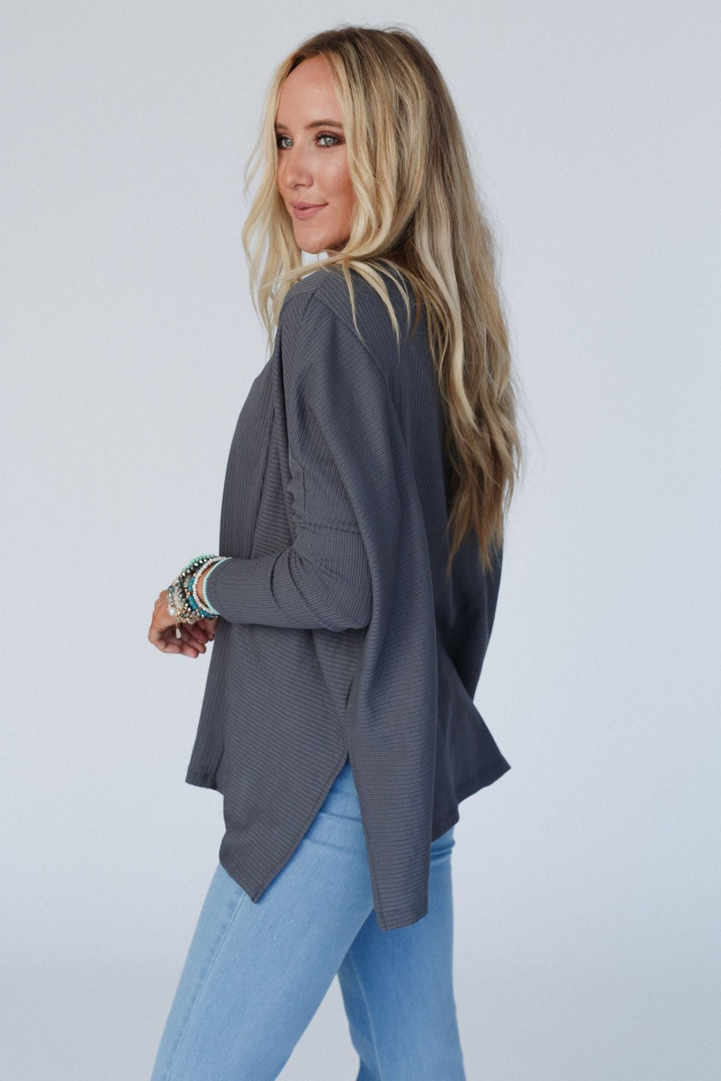 The Nest Rosemary Contrast Long Sleeve Top - Charcoal