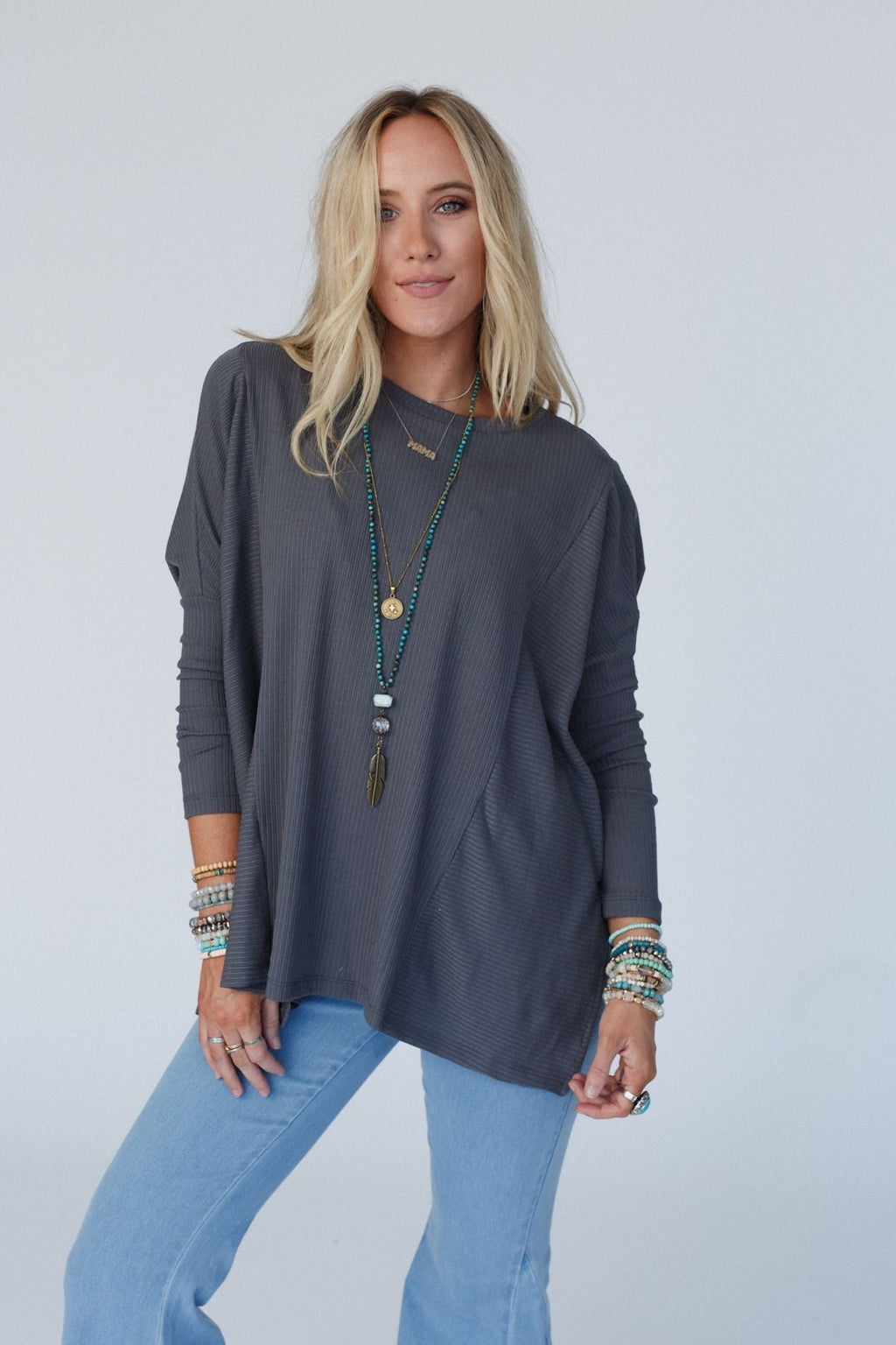 The Nest Rosemary Contrast Long Sleeve Top - Charcoal