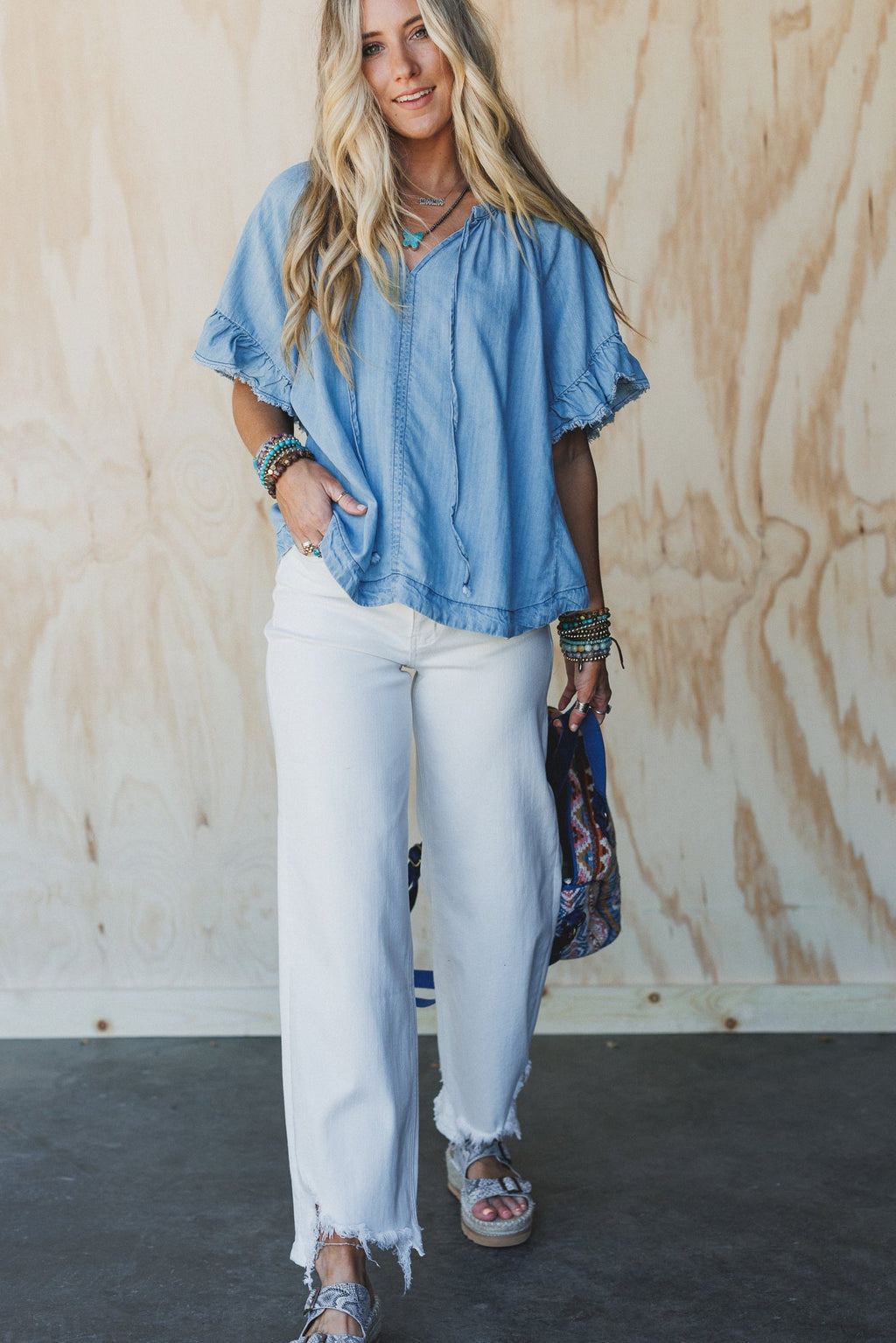 Hearts Aligned Ruffled Sleeve Top - Light Denim