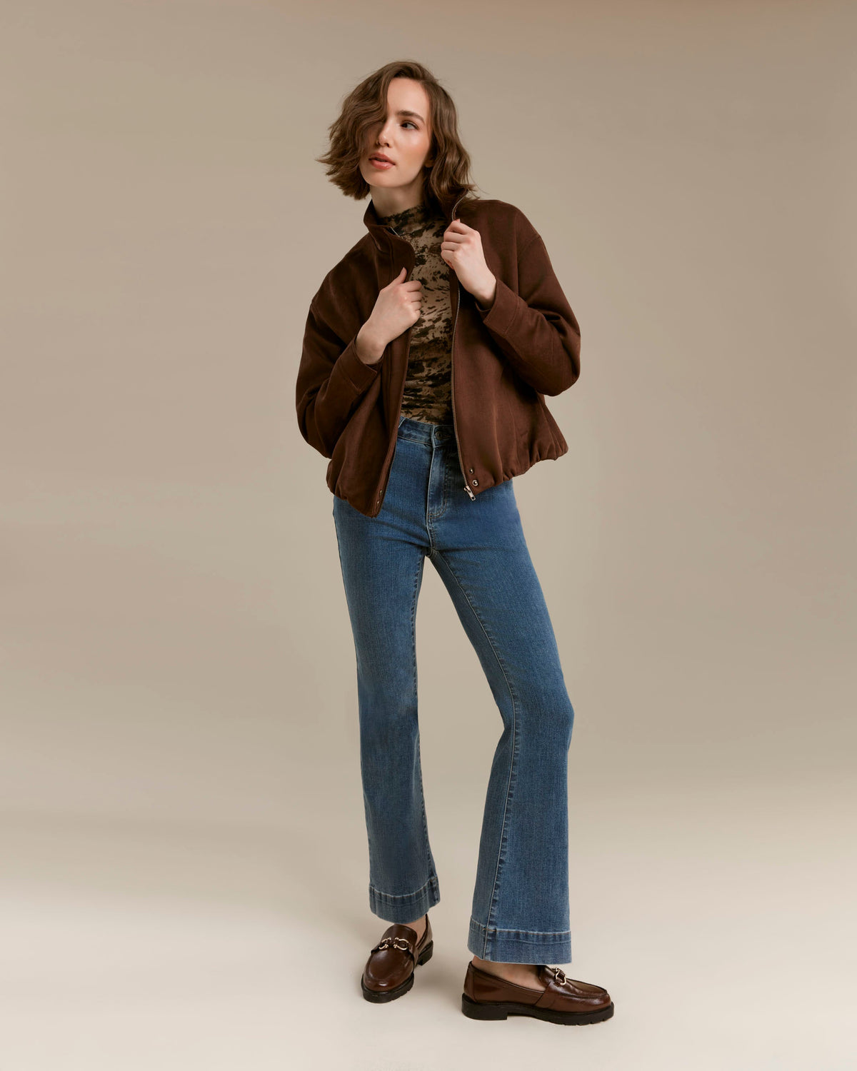 Faux Suede Bomber Jacket - Coffee