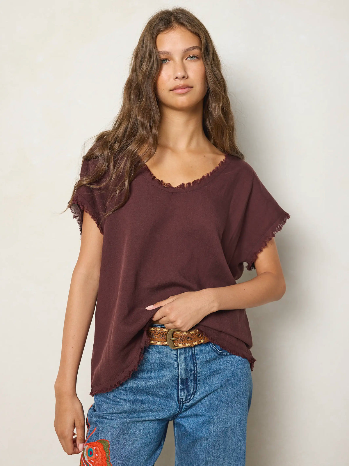 Raw Edge V-Neck Top - Brown