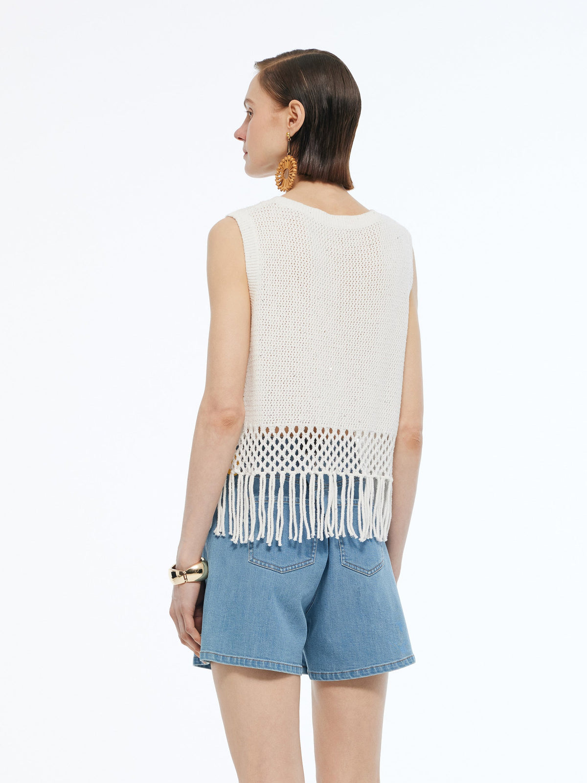 Sequins Tassel Hem Women Openwork Knit Tank Top