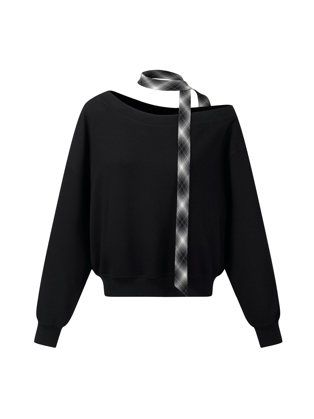 Cotton Scuba One-Shoulder Women Sweatshirt With Plaid Ribbon