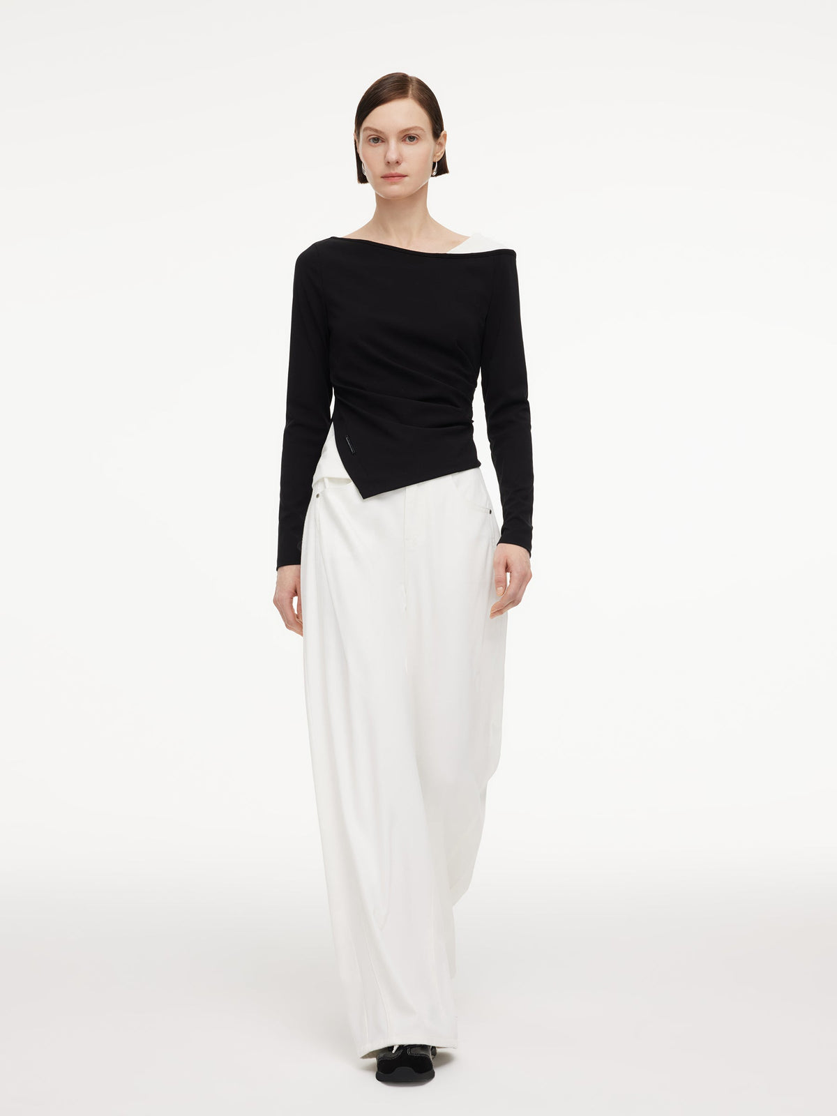 Boat Neck Asymmetrical Hem Women Color Block Knit Top