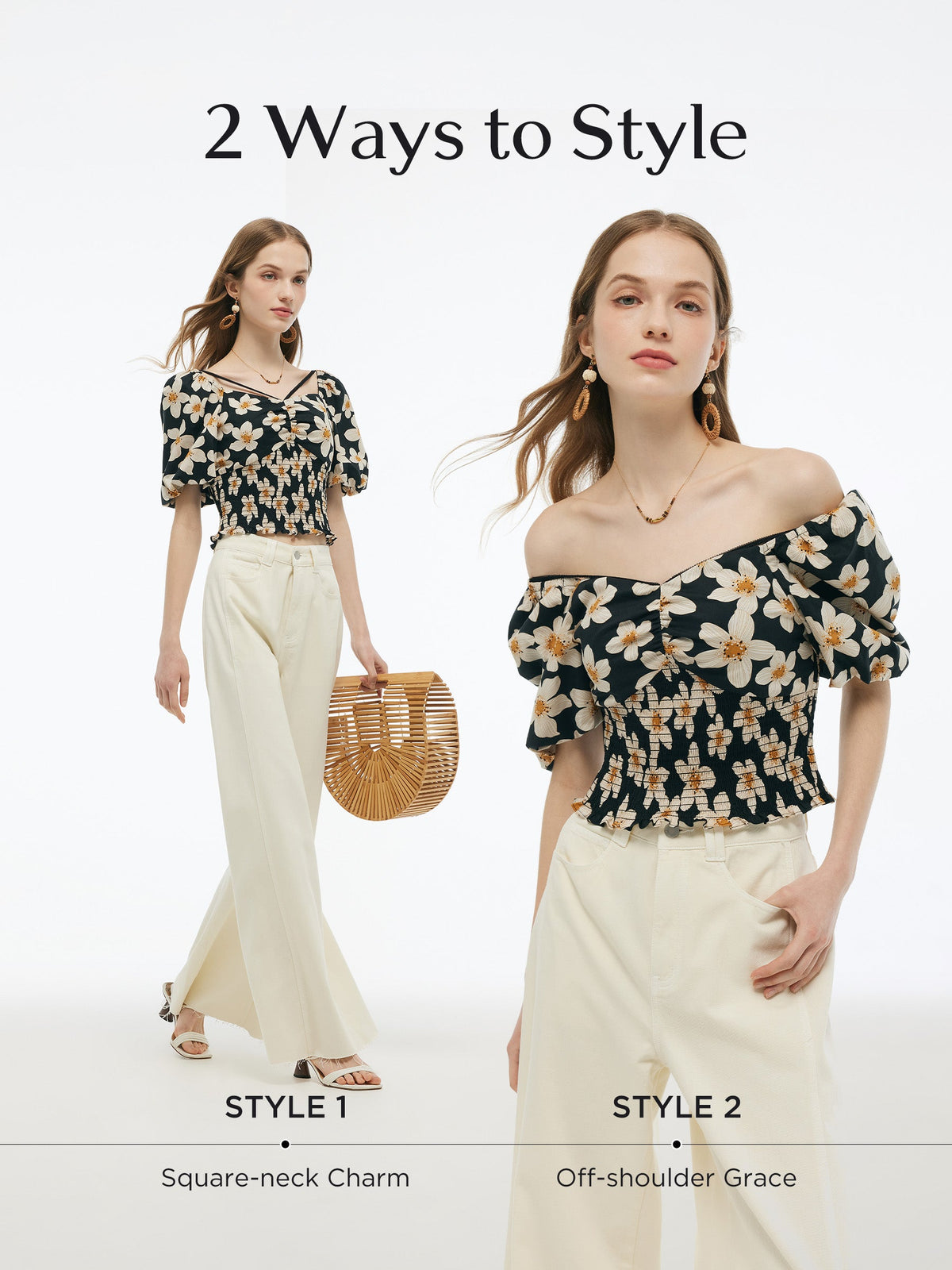 Cotton Stretch Floral Print Women Smocked Top