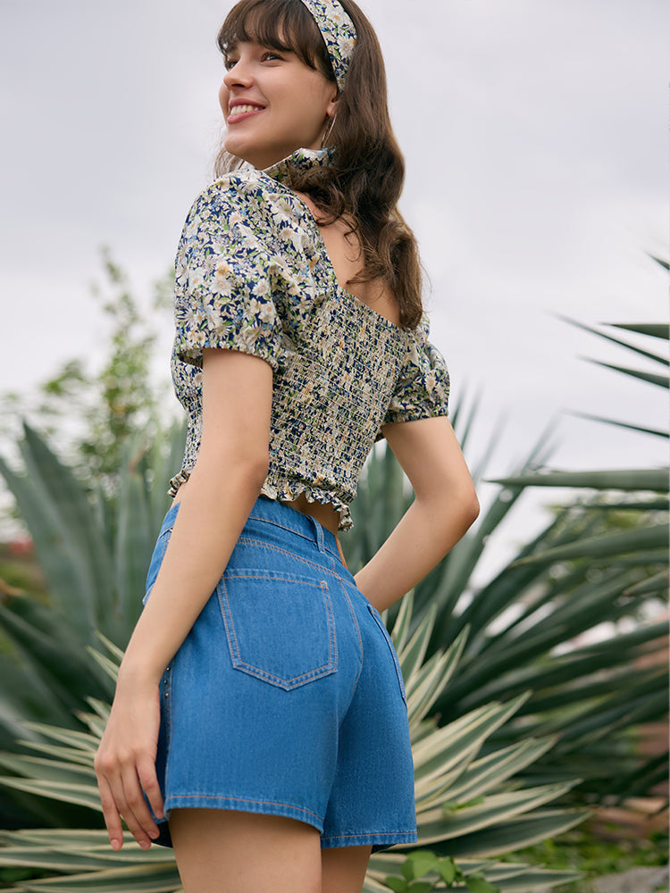 Floral Print Square Neck Puff Sleeves Women Blouse
