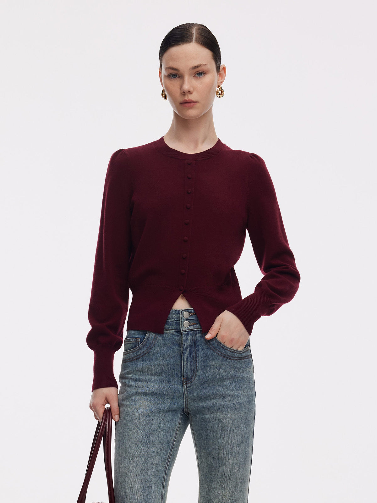Tencel Blend Puff Long Sleeve Women Knit Top