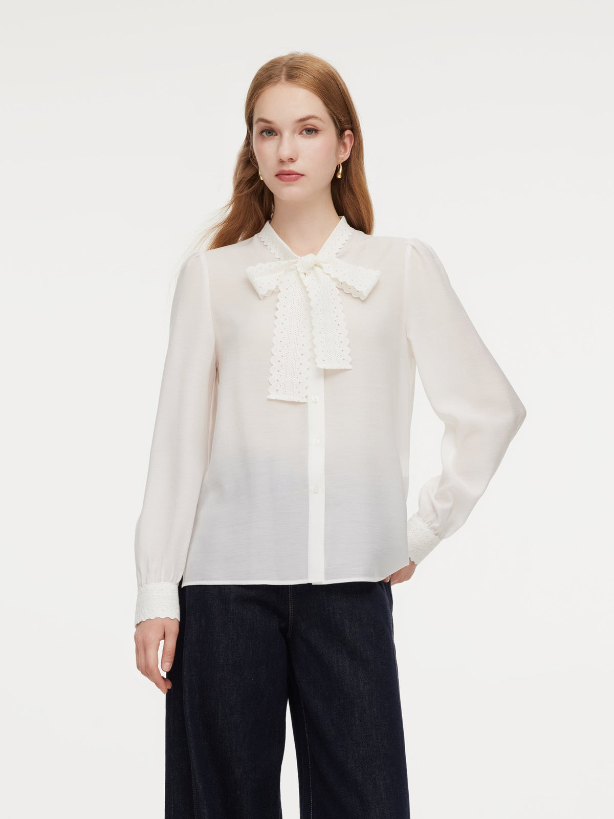 Acetate Blend Lace Bow Tie Women Shirt