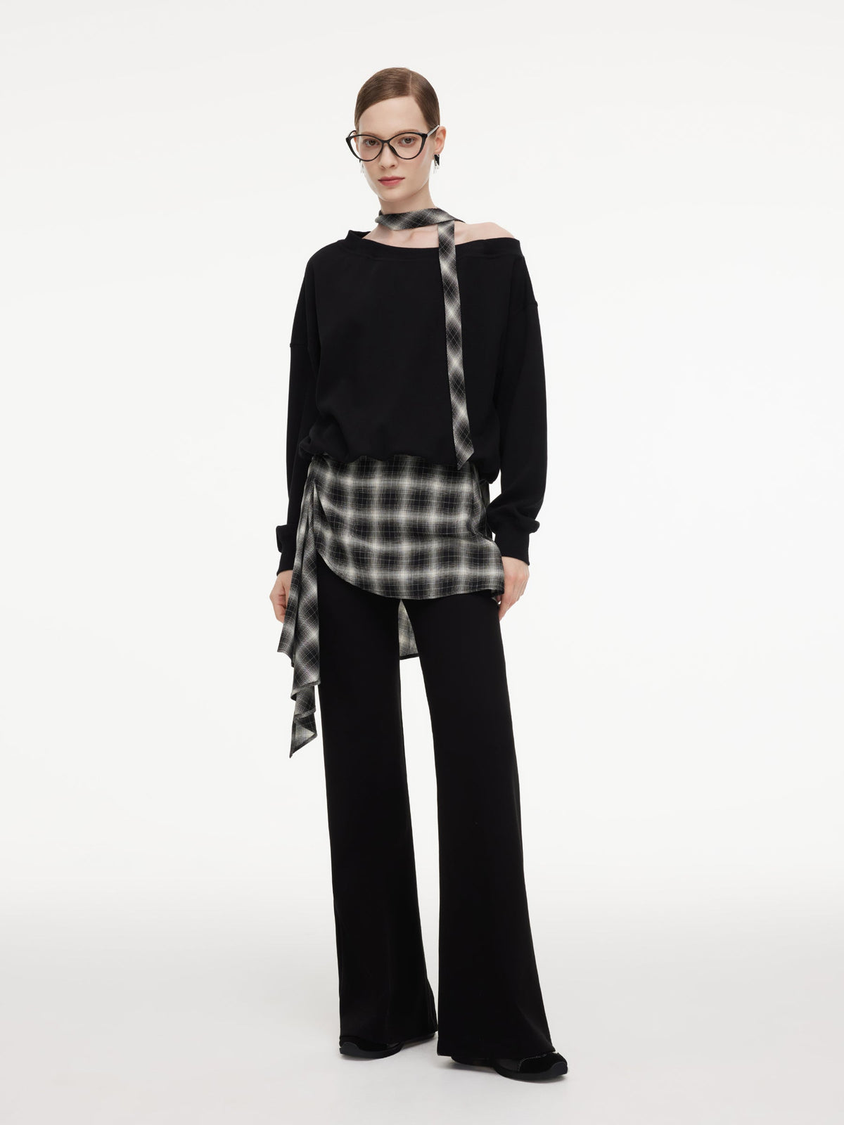 Cotton Scuba One-Shoulder Women Sweatshirt With Plaid Ribbon