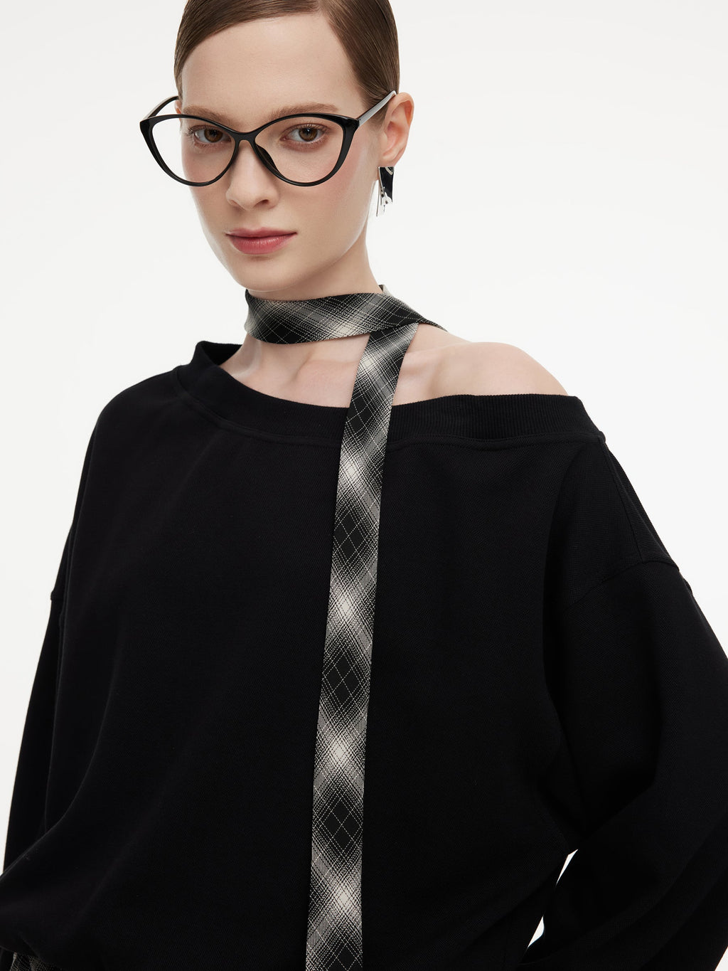 Cotton Scuba One-Shoulder Women Sweatshirt With Plaid Ribbon