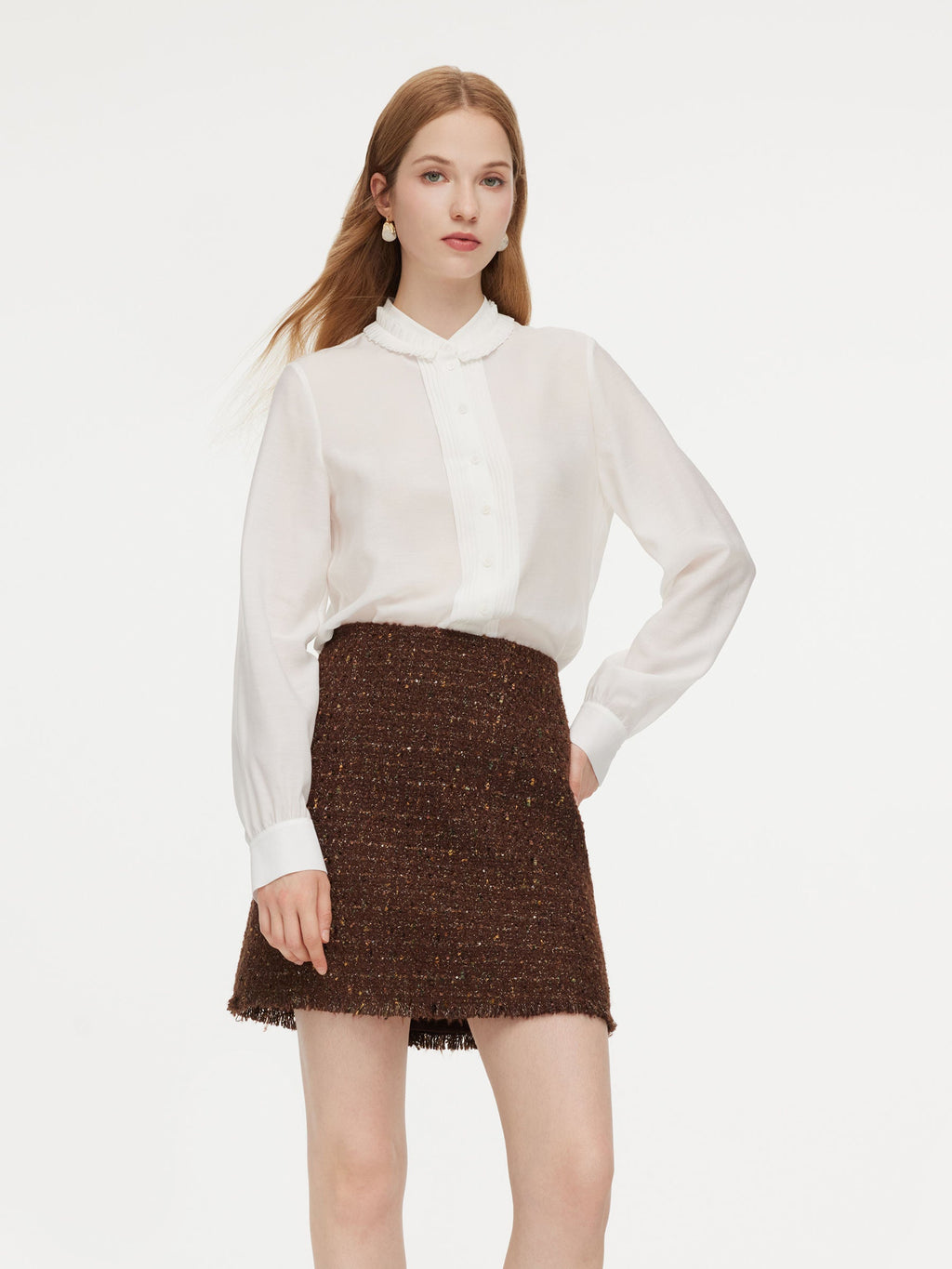 Acetate Blend Pleated Ruffle Collar Women Shirt
