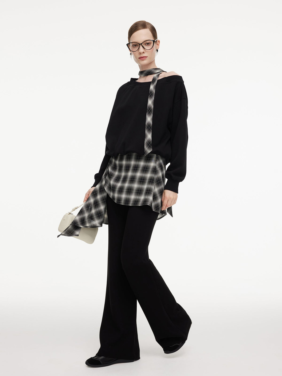 Cotton Scuba One-Shoulder Women Sweatshirt With Plaid Ribbon